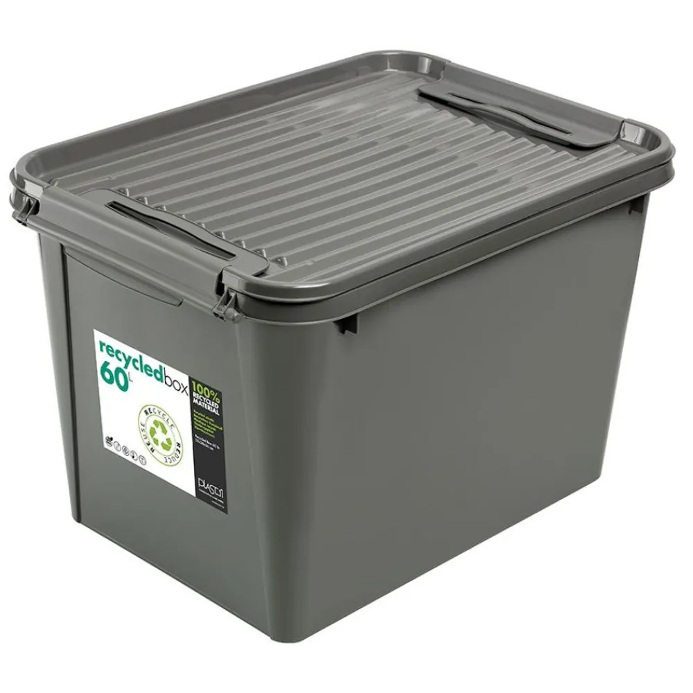 Plast 1 Aufbewahrungsbox Recycled Mit Deckel Und Rollen 60L Grau Clearance