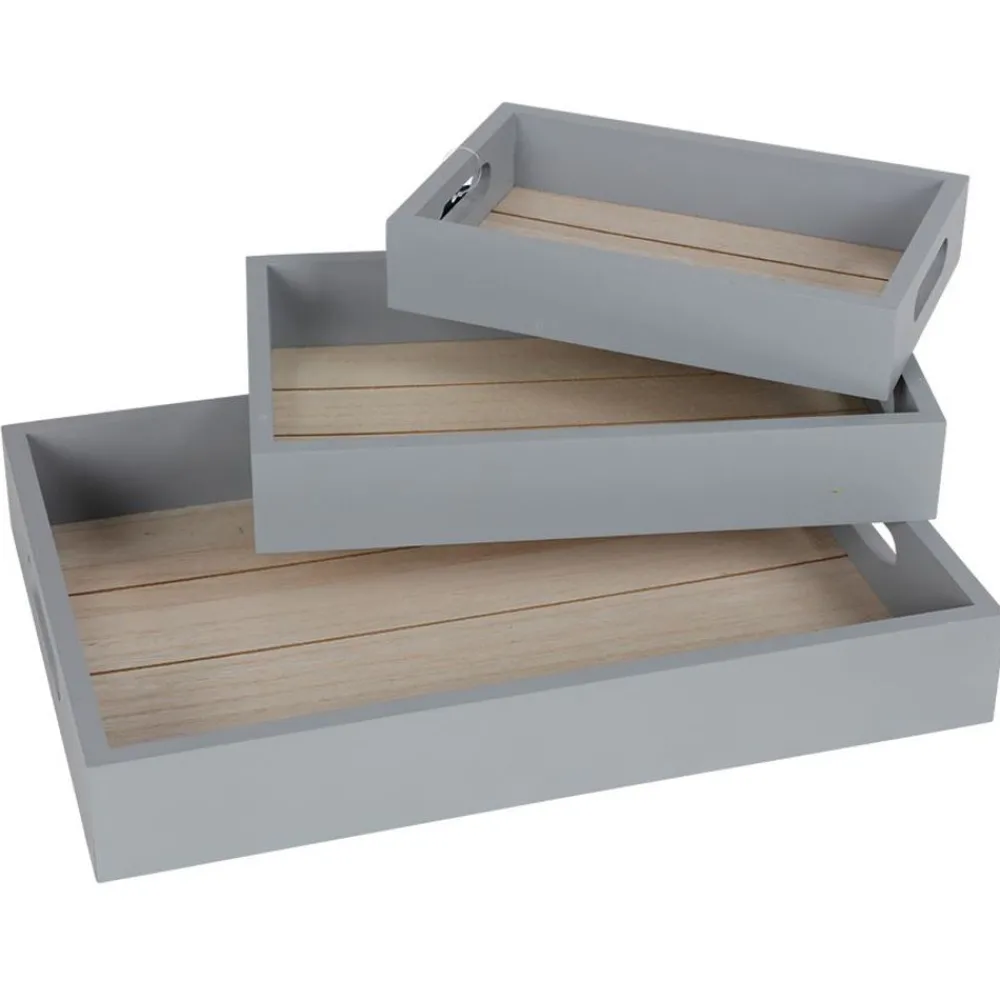 New Home Dekotablett-Set Aus Holz 3-Teilig Grau Outlet