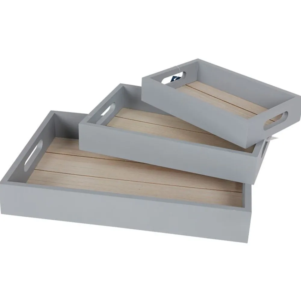 New Home Dekotablett-Set Aus Holz 3-Teilig Grau Outlet
