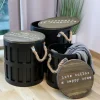 New Home 3Er-Set Sitztonnen Aus Metall Mit Holzdeckel Schwarz New