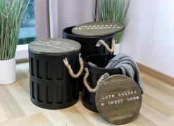 New Home 3Er-Set Sitztonnen Aus Metall Mit Holzdeckel Schwarz New