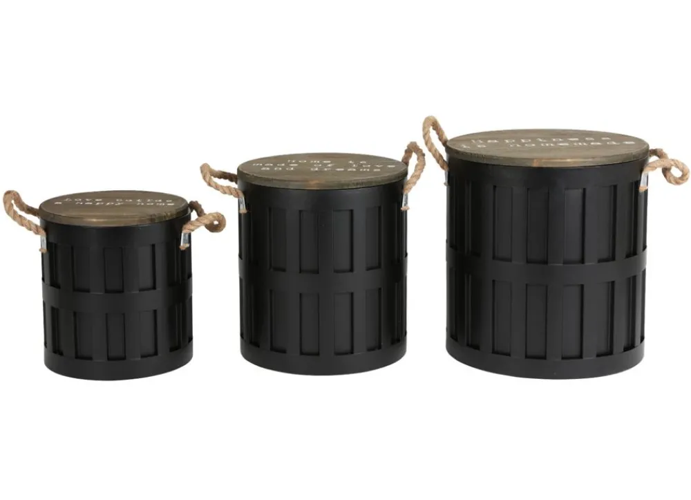 New Home 3Er-Set Sitztonnen Aus Metall Mit Holzdeckel Schwarz New