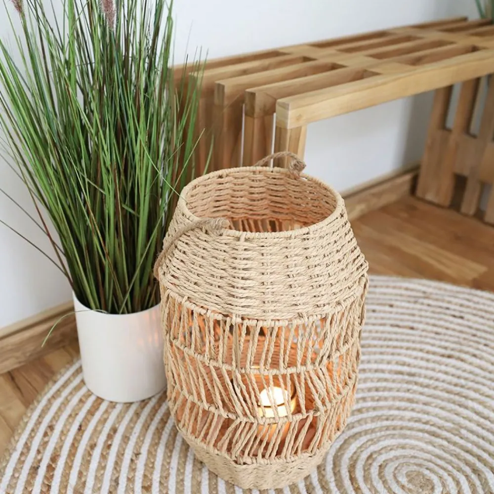 New Home Laterne Aus Naturfaser Mit Glaseinsatz 41Cm Hot