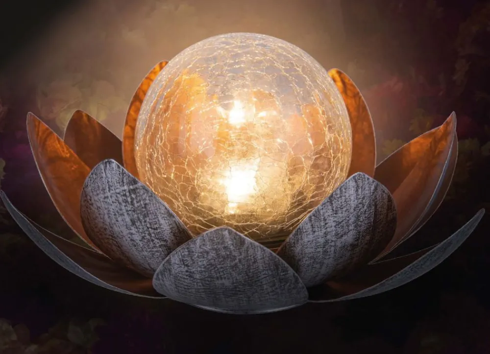 TP Solar-Lotusblume Mit Crackleglaskugel Und Led-Beleuchtung Warmweis New
