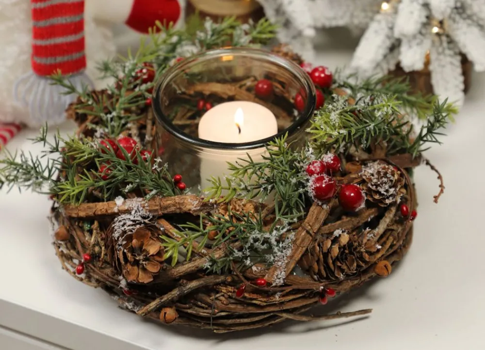 New Home Christmas Weiden-Kranz Mit Windlicht Und Roten Beeren 22Cm Outlet