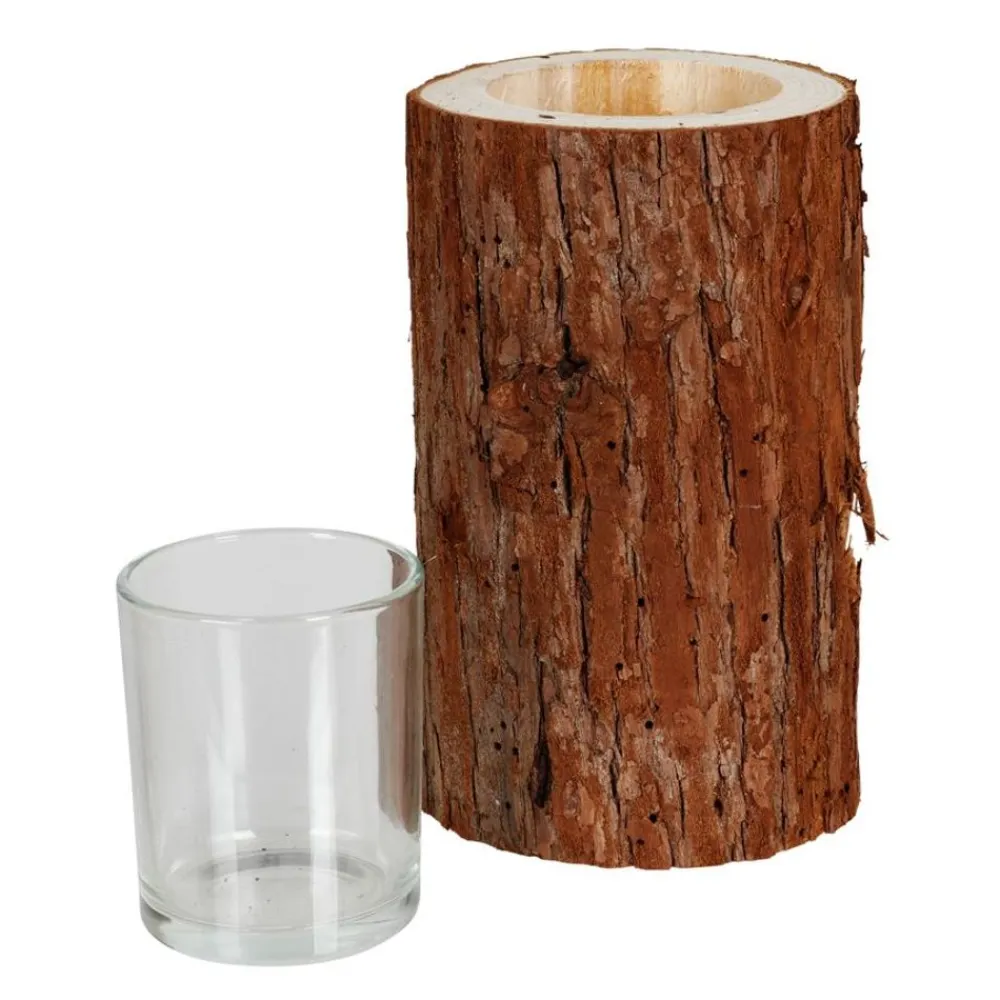 TP Windlicht Baumstamm Mit Glaseinsatz 9,5X18Cm